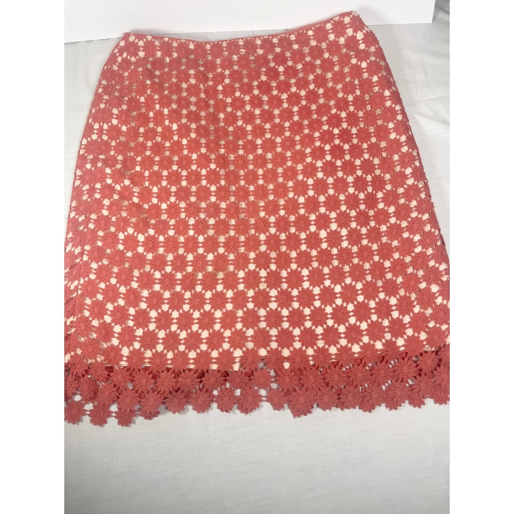 Talbots Petites 12P Coral Floral Crochet Daisy Lace Pencil Skirt Lined Scalloped